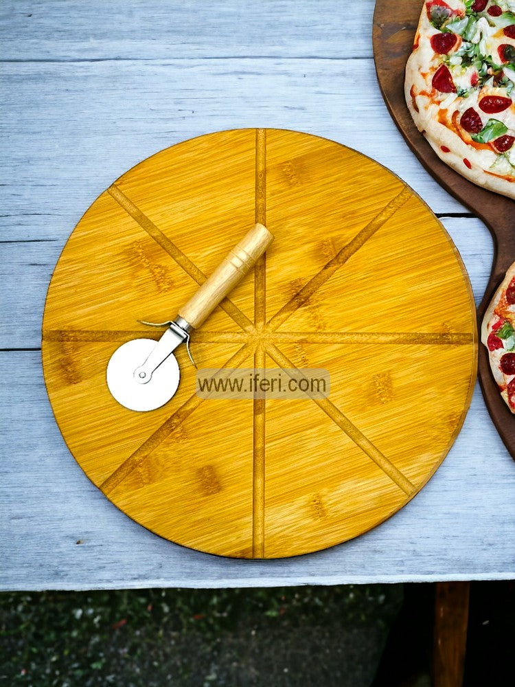 13 Inch Bamboo Pizza Plate Cutting Board with Pizza Cutter FH2363