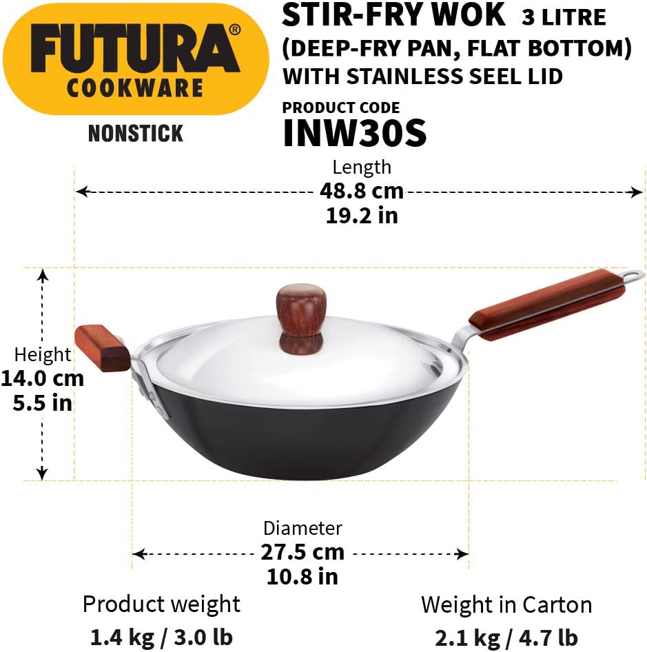 3 Liter Induction Base Futura Non-stick Wok Pan / Deep Fry Pan with SS Lid ALM6429