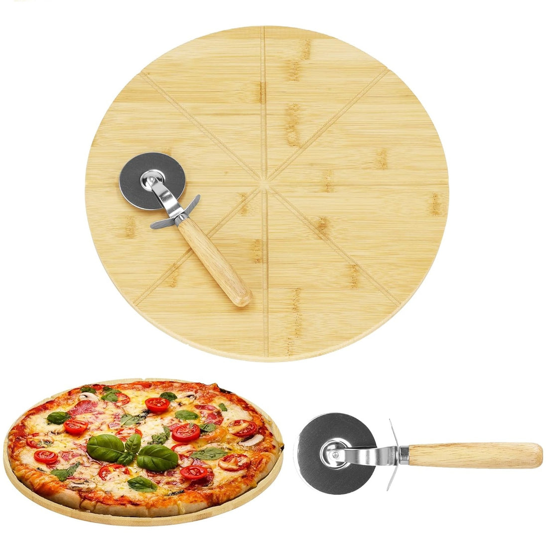 13 Inch Bamboo Pizza Plate Cutting Board with Pizza Cutter FH2363