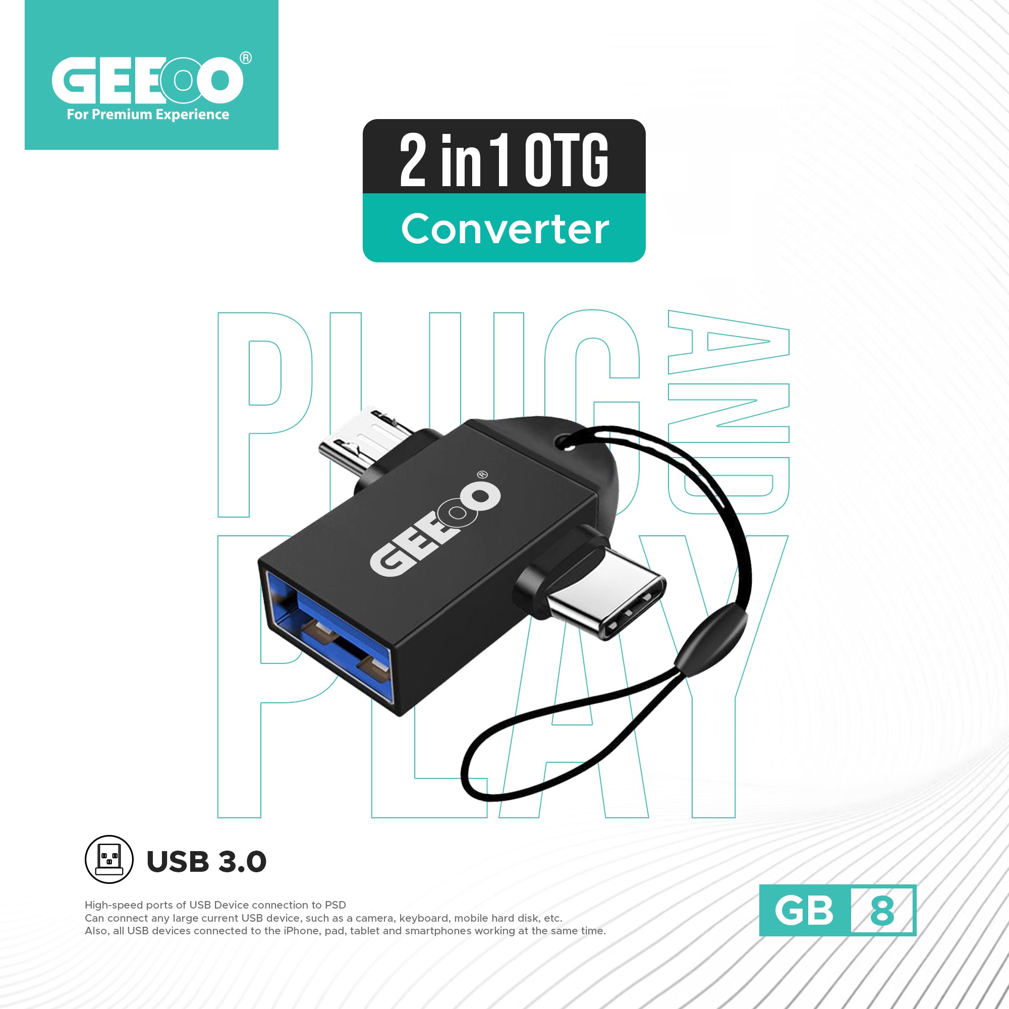Geeoo 2 in 1 Micro to Type-C OTG Converter (USB-3.0) GB8 GT1029