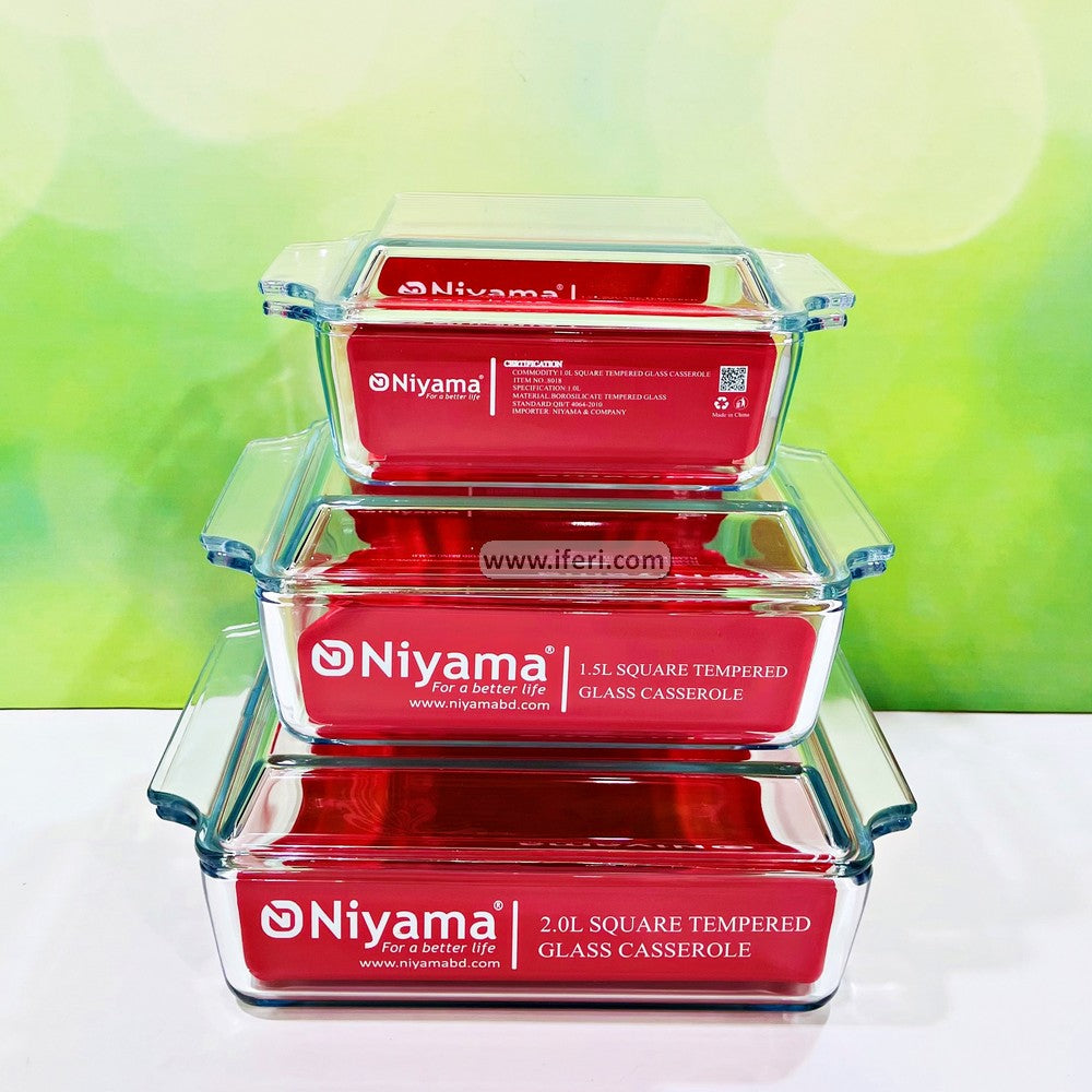 3 Pcs Square Shaped Tempered Glass Casserole Set with Lid IQ010