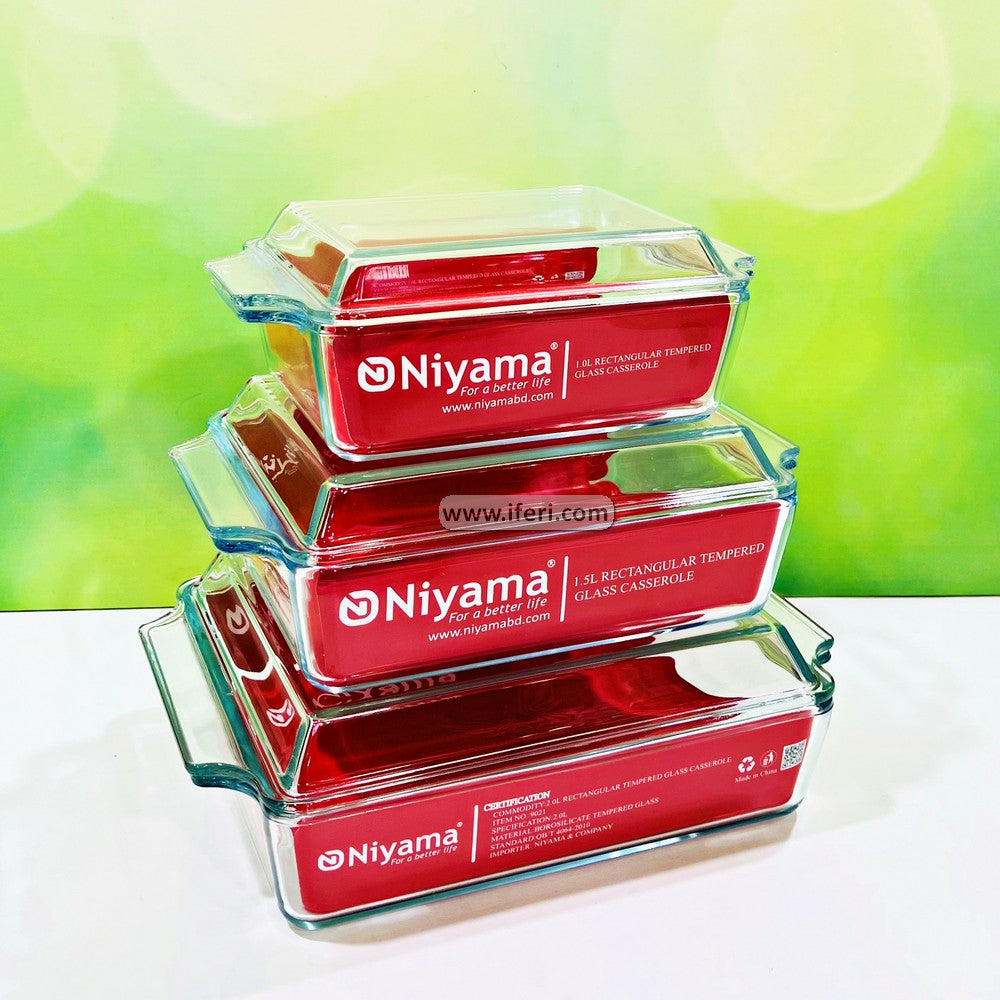 3 Pcs Rectangular Shaped Tempered Glass Casserole Set with Lid IQ011