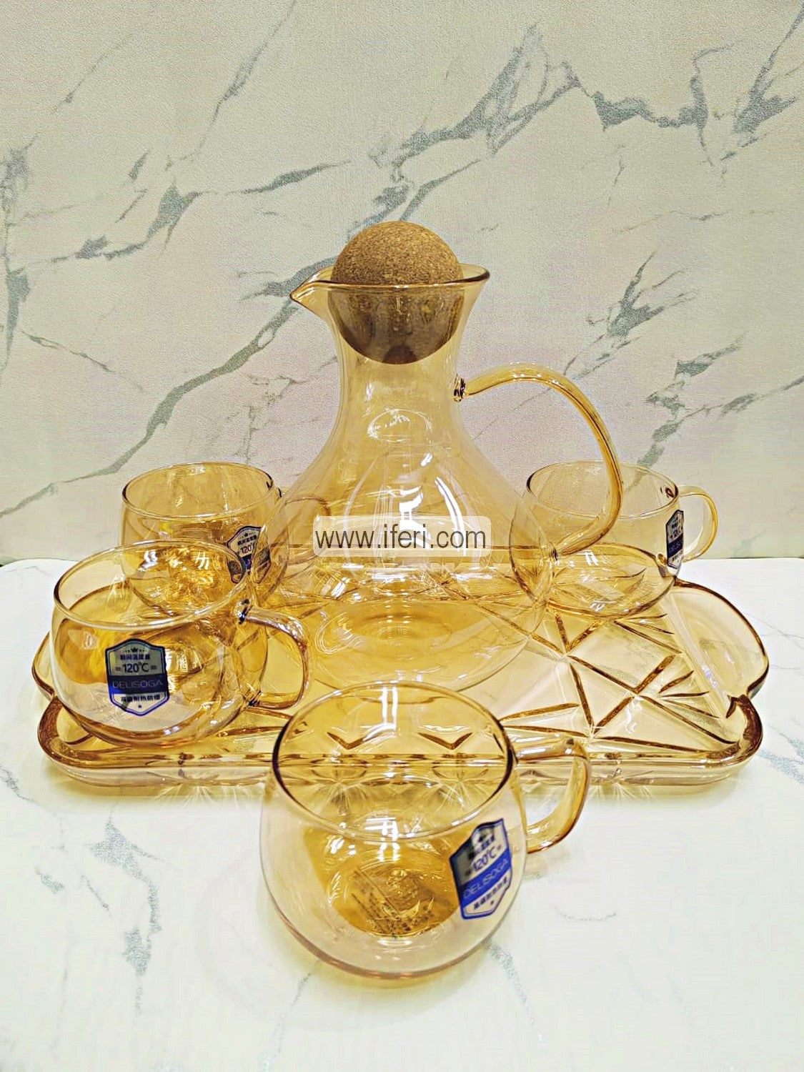 5 Pcs Borosilicate Glass Jug & Mug Set with Tray MN0080