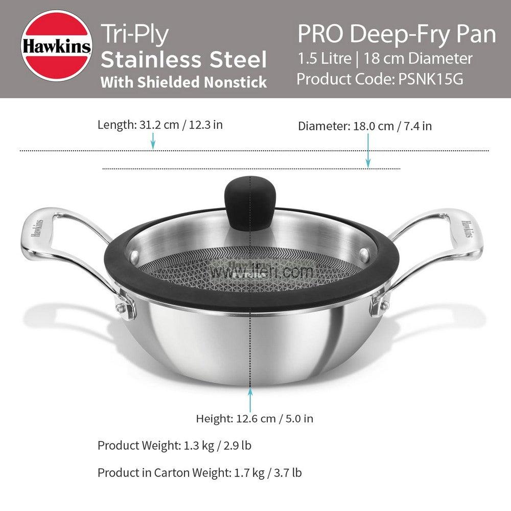 1.5 Liter Hawkins Pro Tri-Ply Stainless Steel Honeycomb Deep Karai / Cookware with Glass Lid ALM6965