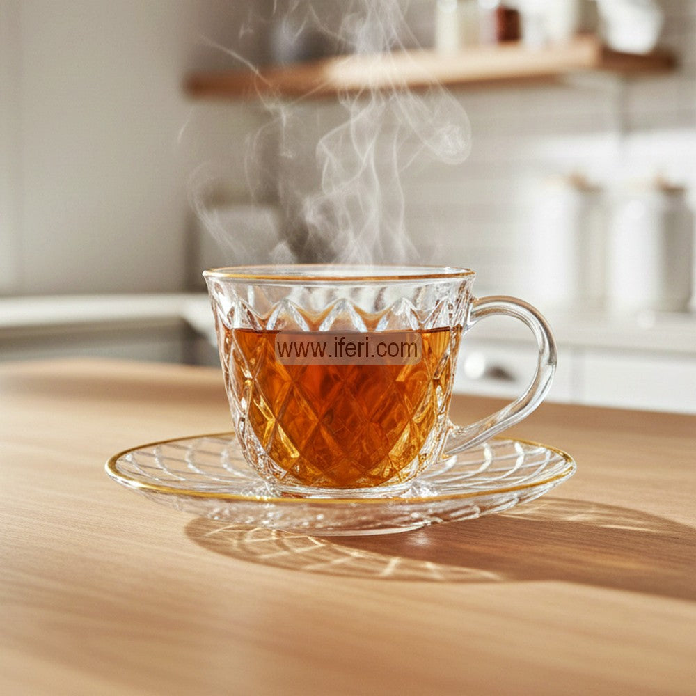 12 Pcs Golden Rim Glass Tea Cup & Saucer Set SMN0126