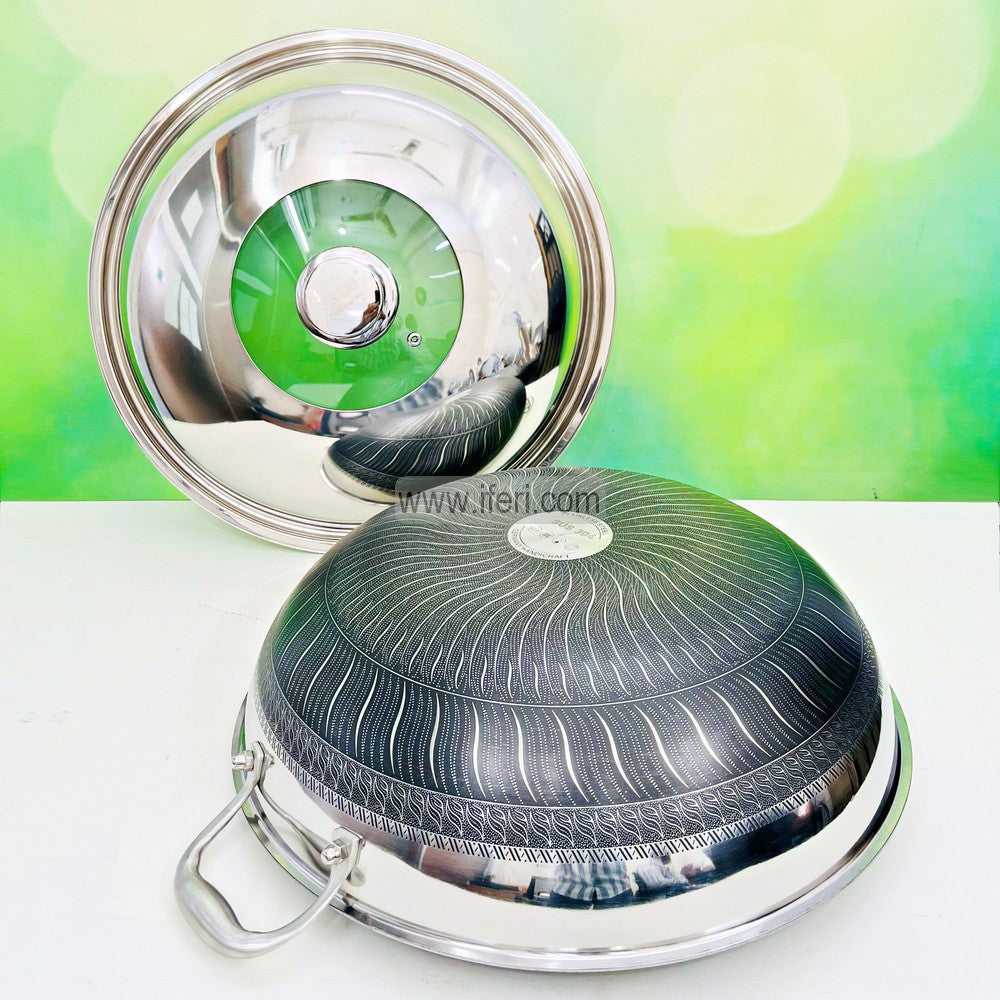 42cm Uncoated Honeycomb Design Stainless Steel Large Size Non-Stick Cookware / Deep Karai with Dome Lid RY3145-1