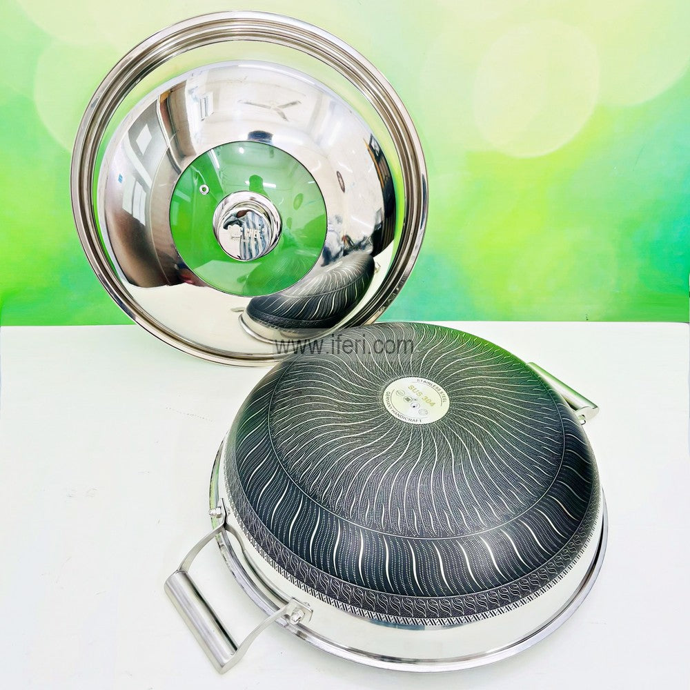 40cm Uncoated Honeycomb Design Stainless Steel Large Size Non-Stick Cookware / Deep Karai with Dome Lid RY3146-1