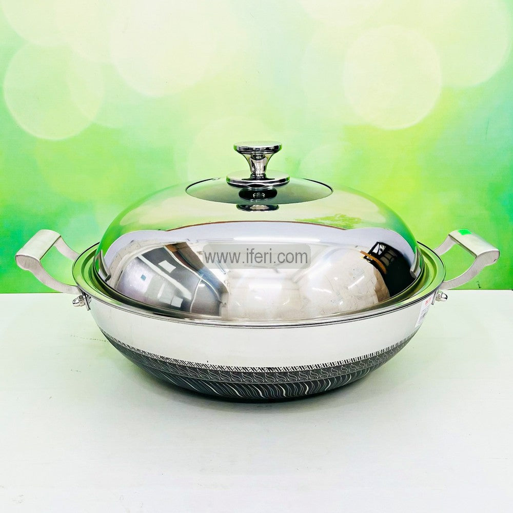 42cm Uncoated Honeycomb Design Stainless Steel Large Size Non-Stick Cookware / Deep Karai with Dome Lid RY3146-1
