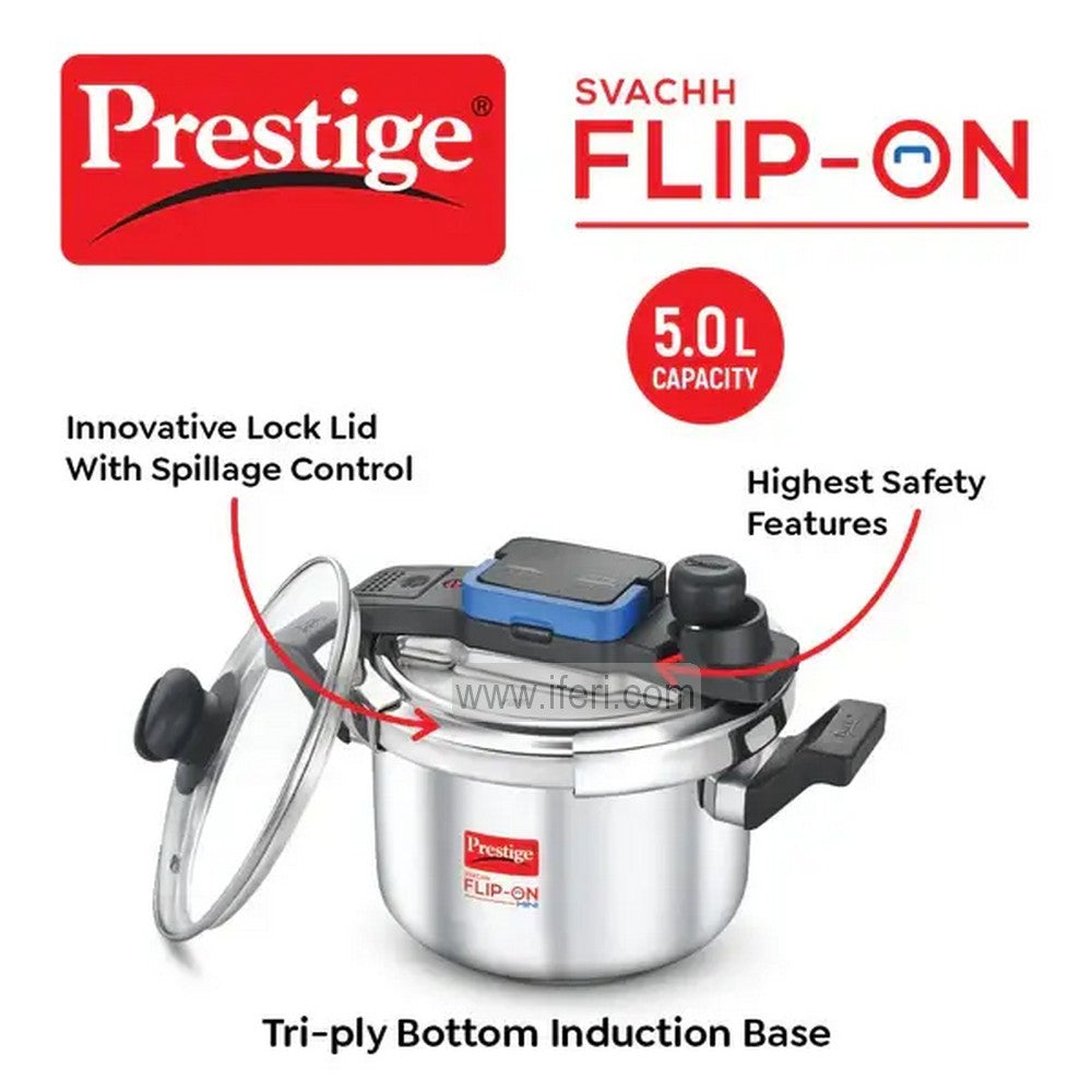 5 Liter Prestige Svachh Flip-on Stainless Steel Pressure Cooker with Glass Lid PG20157