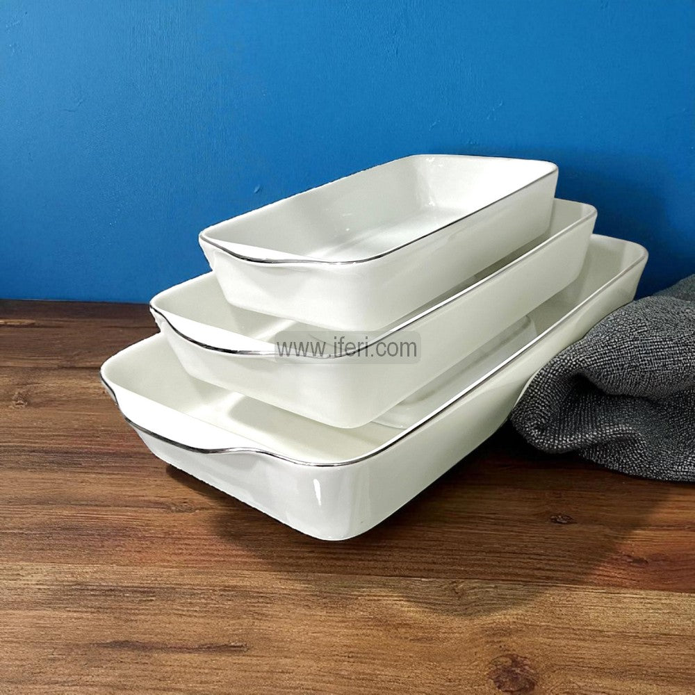 3 Pcs Silver Rim Ceramic Serving Casserole / Dish Set CGA0185