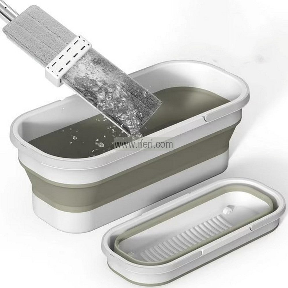 Flat Floor Mop, Self Wringing Flat Mop with Foldable Bucket, Stainless Steel Long Handle Mop AnZ001