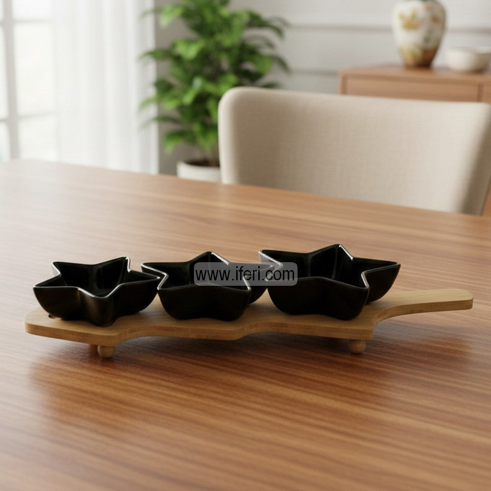 3 Pcs Exclusive Ceramic Star Shaped Serving Dish Bowl Set With Wooden Tray RY3378