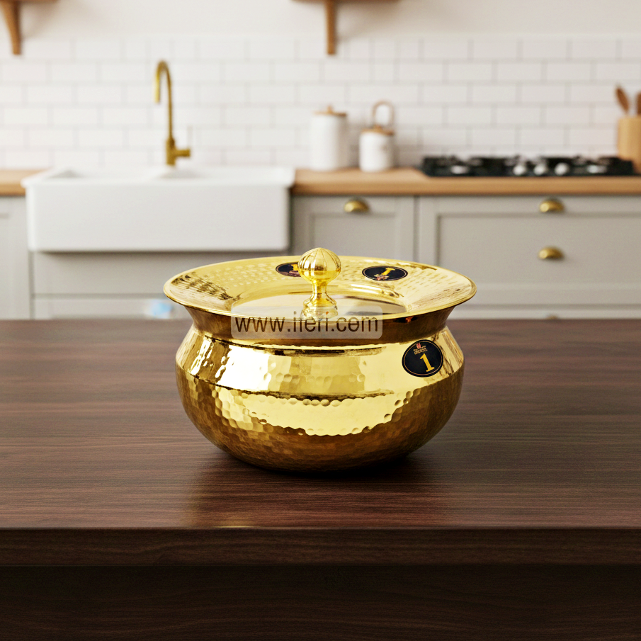 22cm Premium Brass (Pitol) with Tin Coating Hammered Cooking & Serving Handi with Lid ALM6925