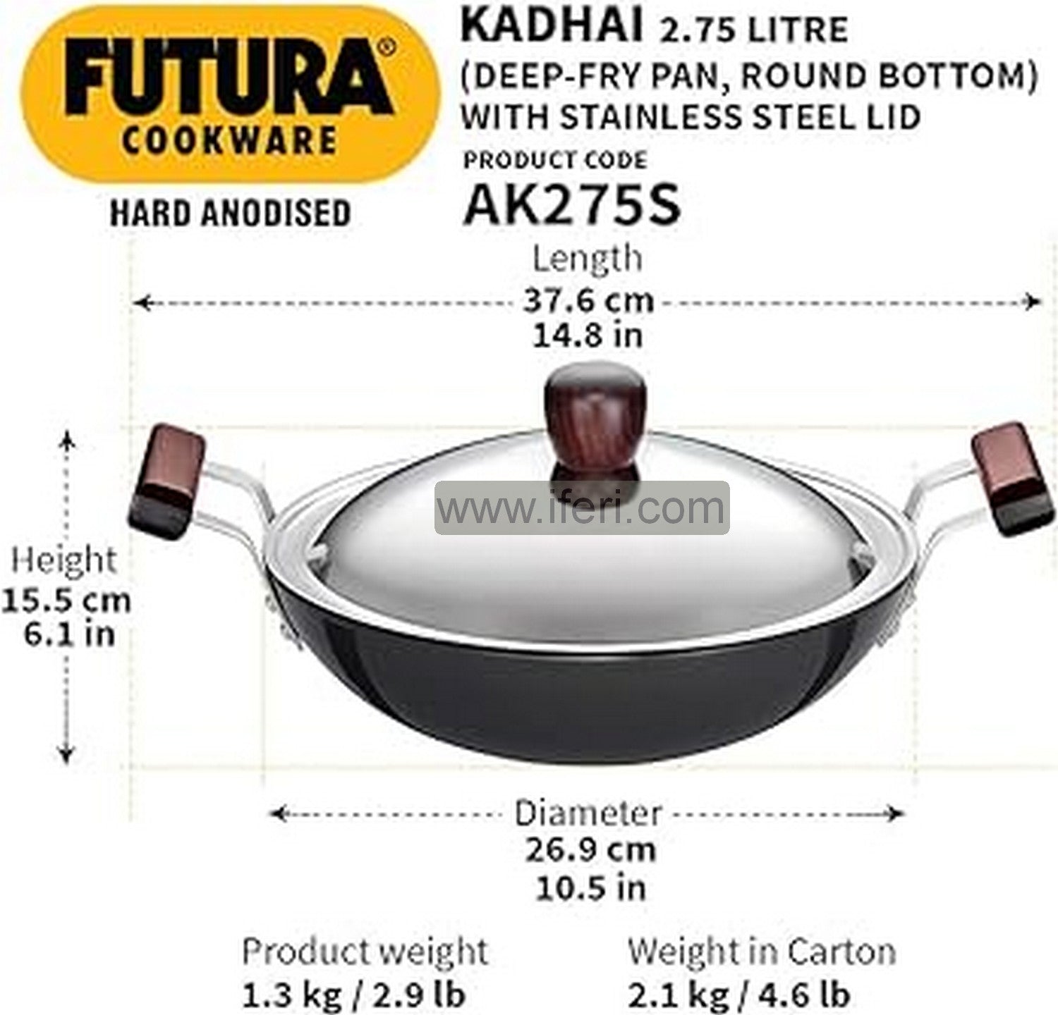 2.75 Liter Futura Hard Anodised Karai, Cookware with SS Lid SRC007