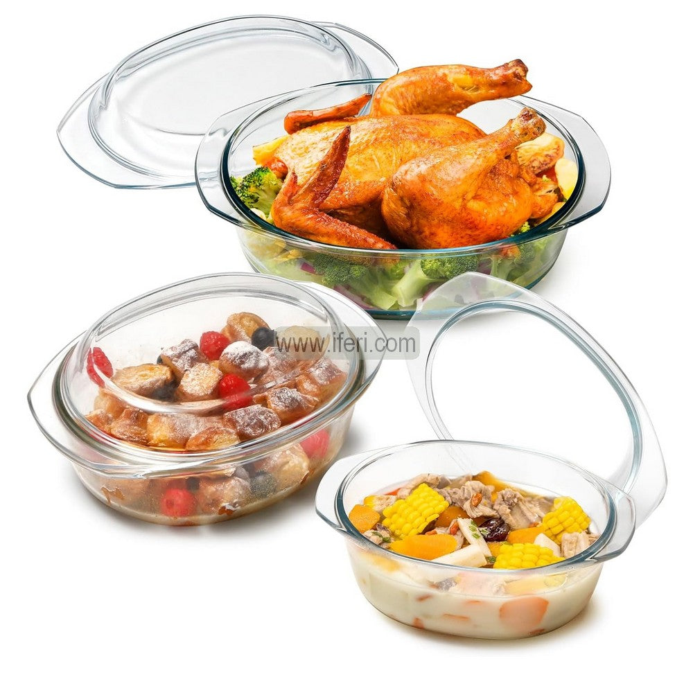 3 Pcs Oven Proof Tempered Glass Casserole Set with Lid KML4243