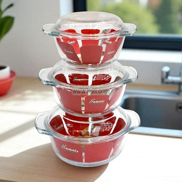3 Pcs Oven Proof Tempered Glass Casserole Set with Lid KML4244