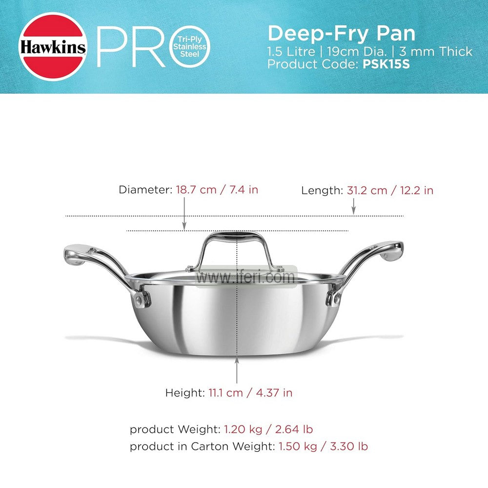1.5 Liter Hawkins Pro Tri-Ply Stainless Steel Deep Karai / Cookware with Stainless Steel Lid ALM6505-1