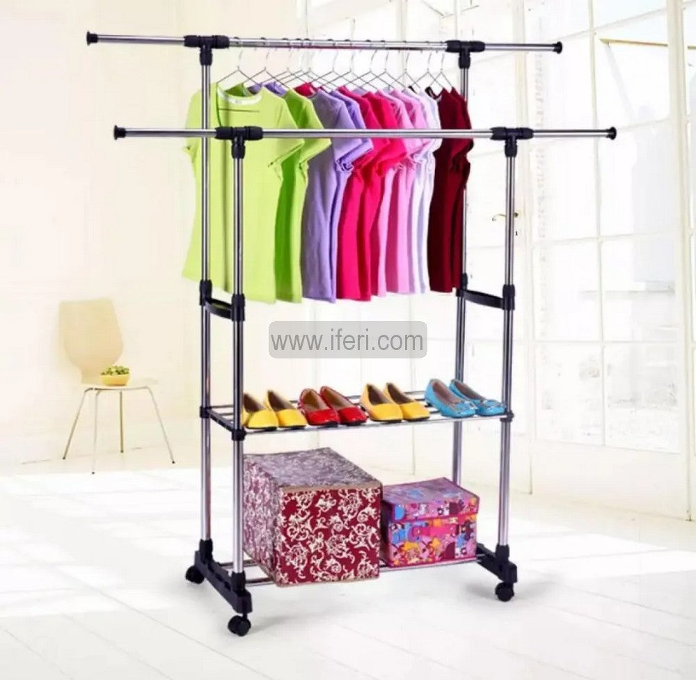 2 Tier Stainless Steel Multipurpose Double Pole Adjustable Telescopic Clothes Drying Rack, Organizer, Laundry Rack, Clothes Hanger ALM6516