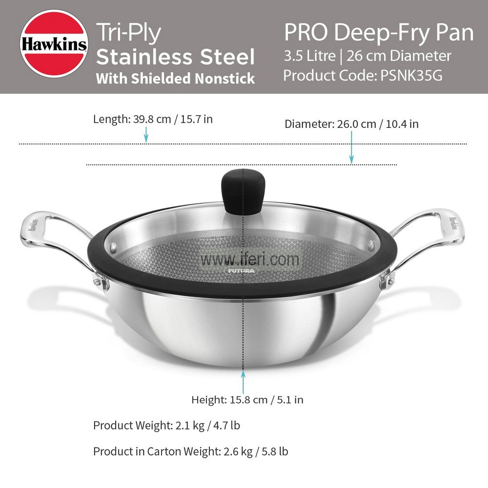 3.5 Liter Hawkins Pro Tri-Ply Stainless Steel Honeycomb Deep Karai / Cookware with Glass Lid ALM6966
