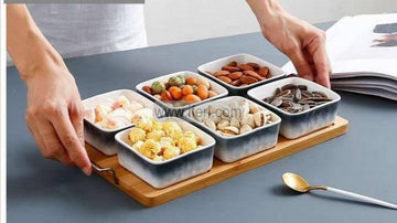 6 Pcs Ceramic Dried Fruit, Candy, Dessert Serving Bowl Set with Tray LB6313