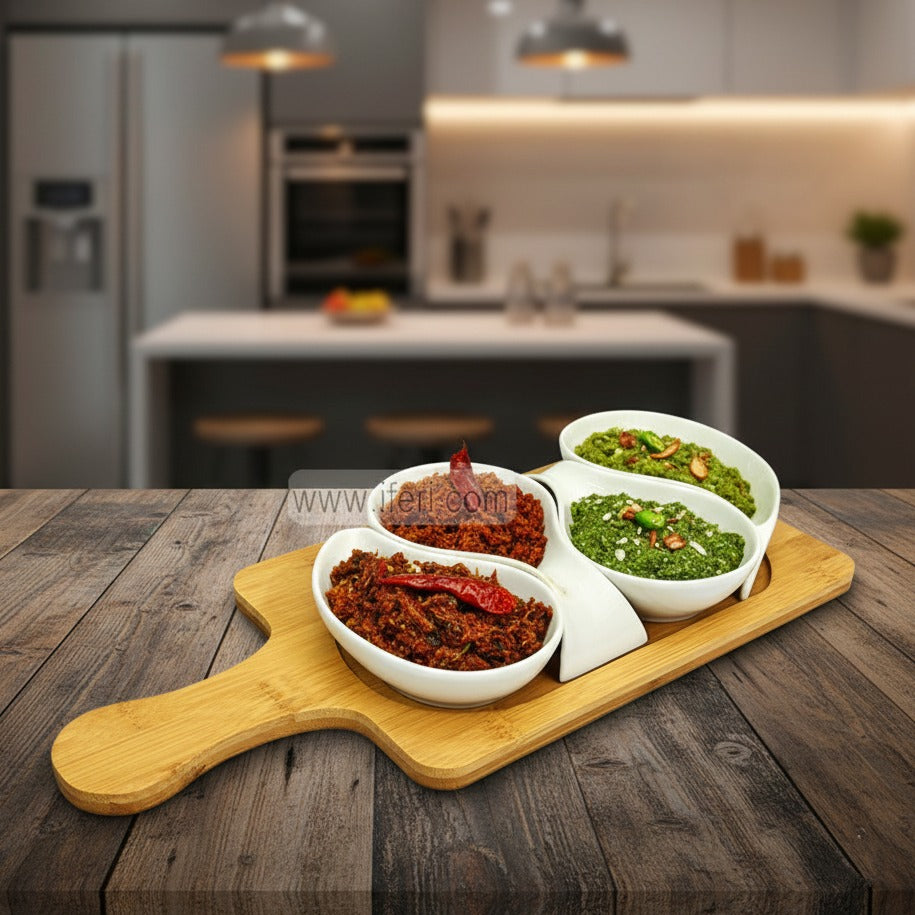 4 Pcs Ceramic Spice Bowl / Vorta Serving with Bamboo Tray RY3420
