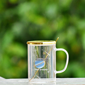 4.2 Inch Borosilicate Glass Coffee Mug with Lid & Spoon TG10288