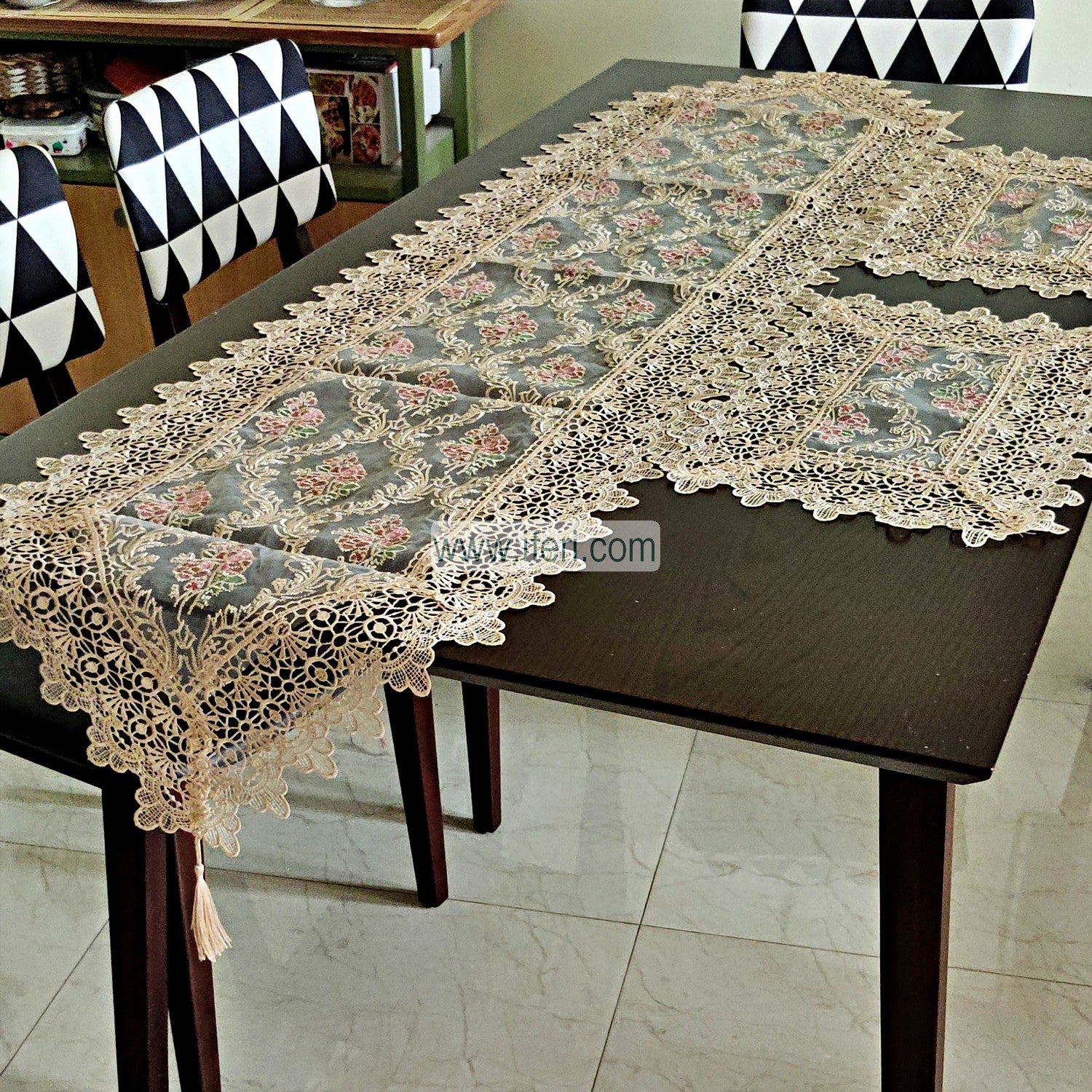 7pcs Luxury Embroidered Lace Runner & Placemats Set RJ3594