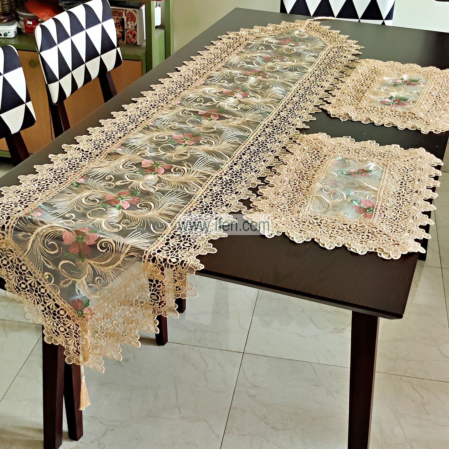 7pcs Luxury Embroidered Lace Runner & Placemats Set RJ3592