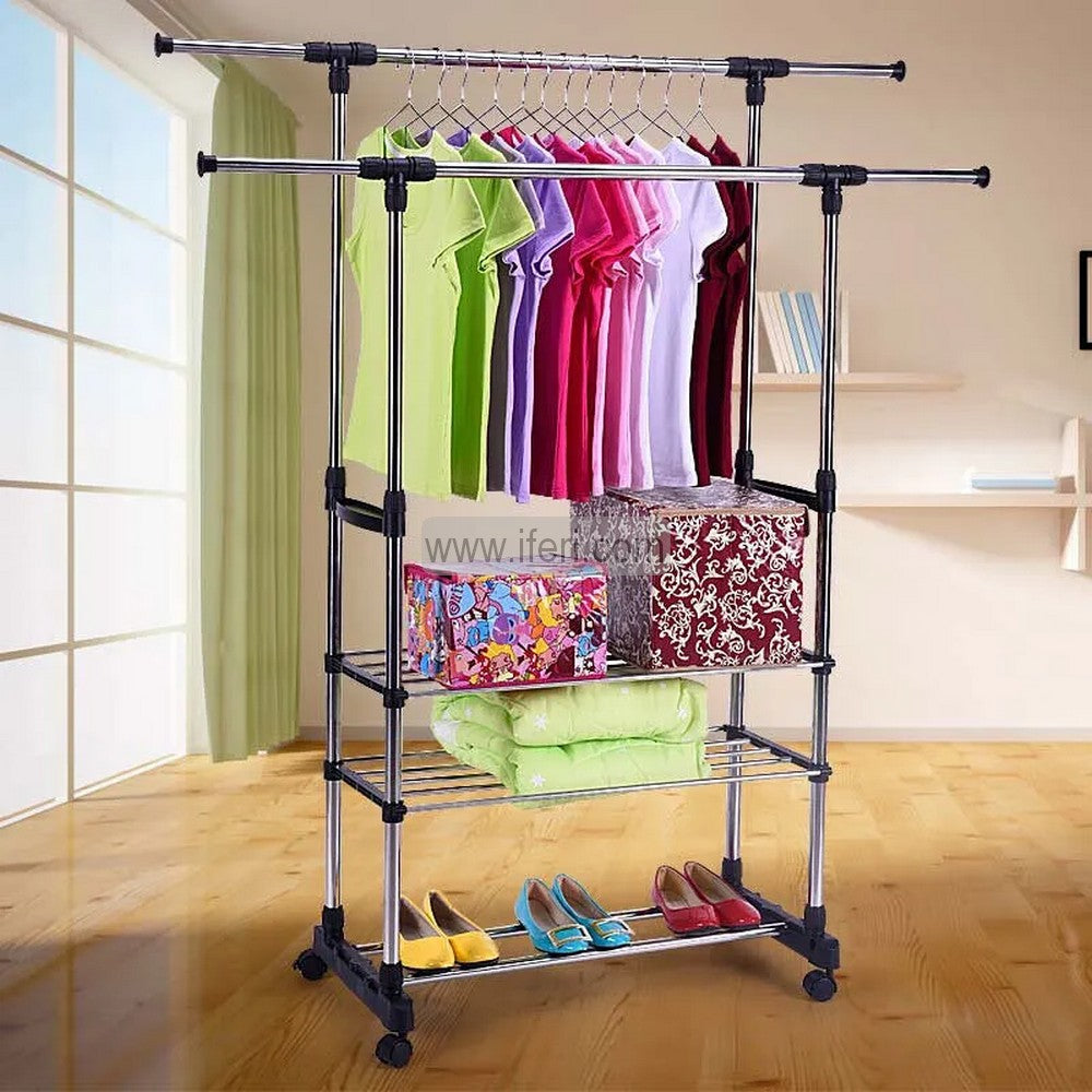 3 Tier Stainless Steel Multipurpose Double Pole Adjustable Telescopic Clothes Drying Rack, Organizer, Laundry Rack, Clothes Hanger ALM6517