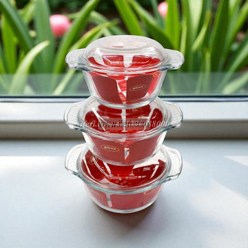 3 Pcs Oven Proof Tempered Glass Casserole Set with Lid RH6401