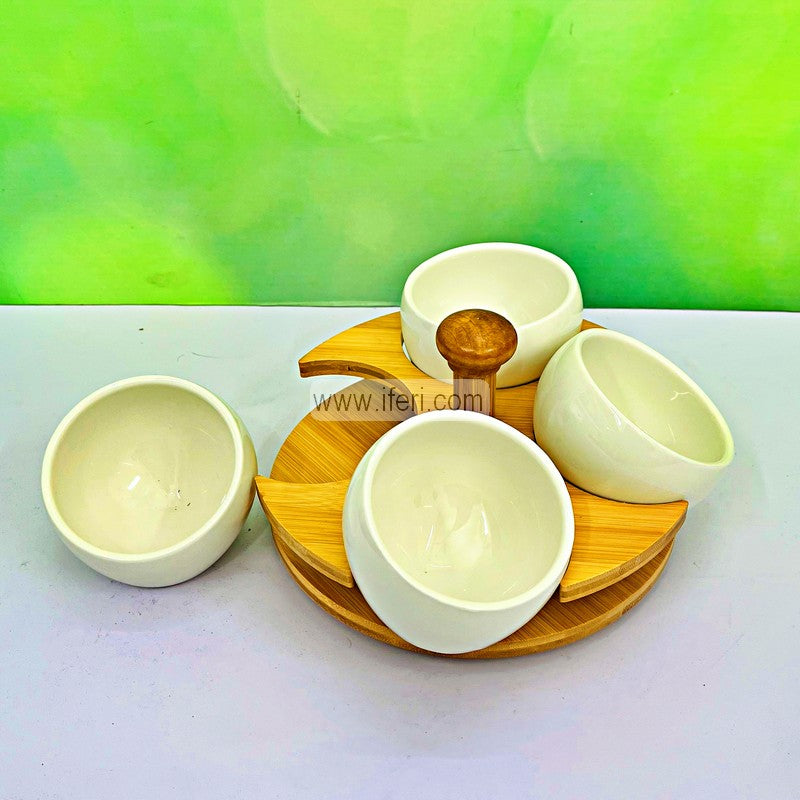 4 Pcs Revolving Ceramic Spice Bowl / Vorta Serving with Bamboo Tray RY3419