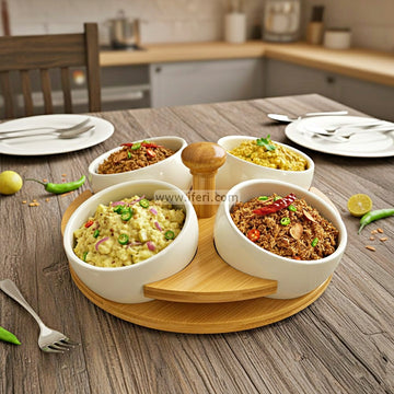 4 Pcs Revolving Ceramic Spice Bowl / Vorta Serving with Bamboo Tray RY3419