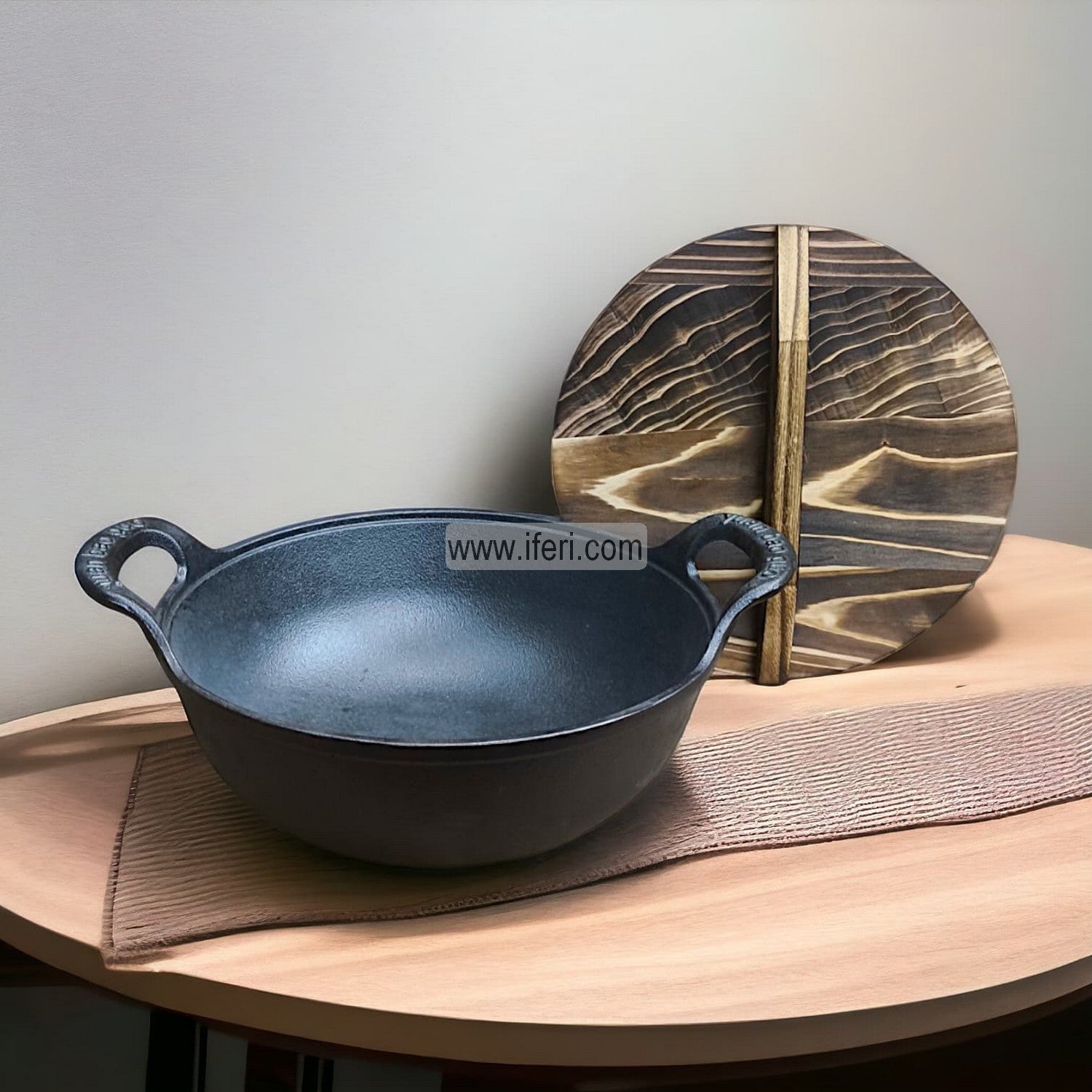 24cm Premium Quality Cast Iron Cookware / Karai with Wooden Lid ALM6466-2