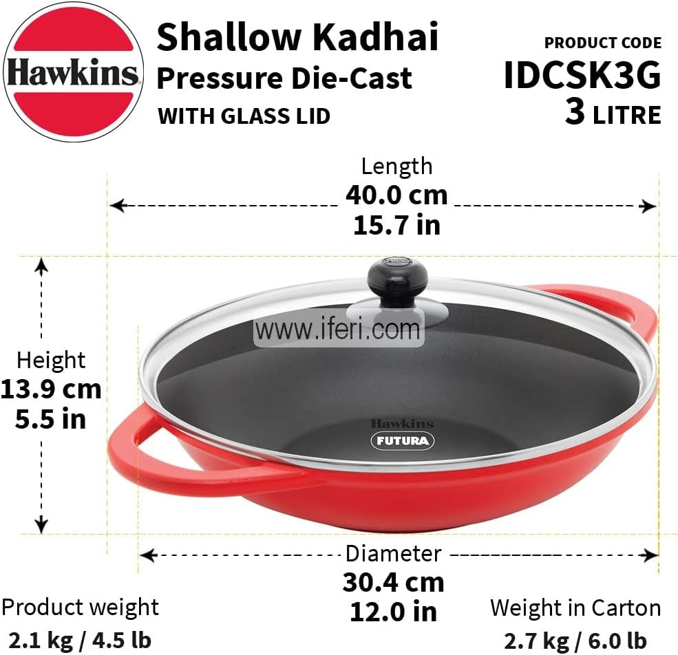 3 Liter Hawkins Shallow Die Cast / Non Stick Kadhai with Glass Lid ALM6471