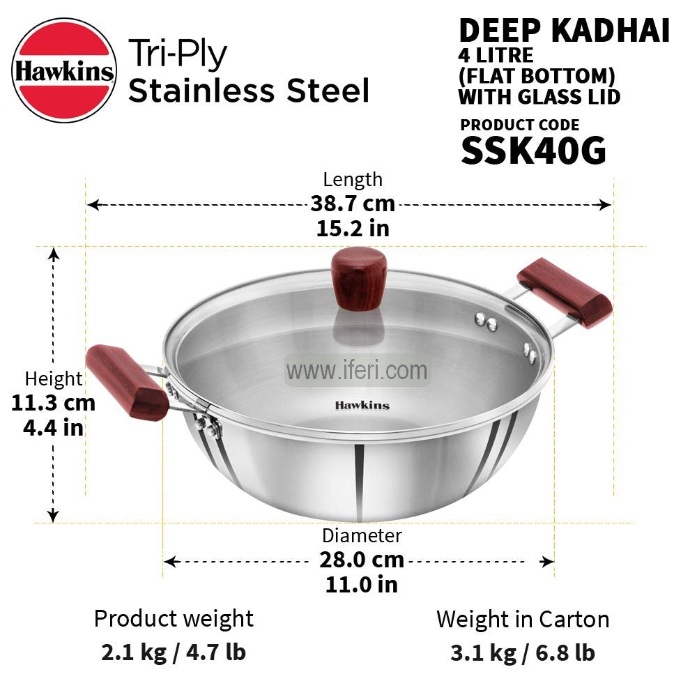 4 Liter Hawkins Tri-Ply Stainless Steel Deep Karai / Cookware with Glass Lid ALM6963