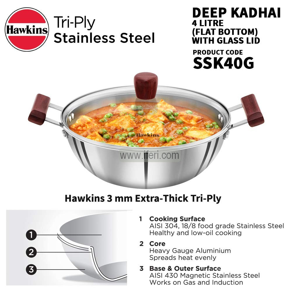 4 Liter Hawkins Tri-Ply Stainless Steel Deep Karai / Cookware with Glass Lid ALM6963