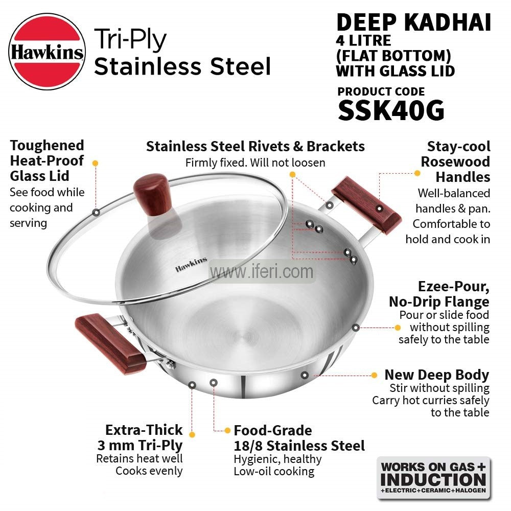 4 Liter Hawkins Tri-Ply Stainless Steel Deep Karai / Cookware with Glass Lid ALM6963