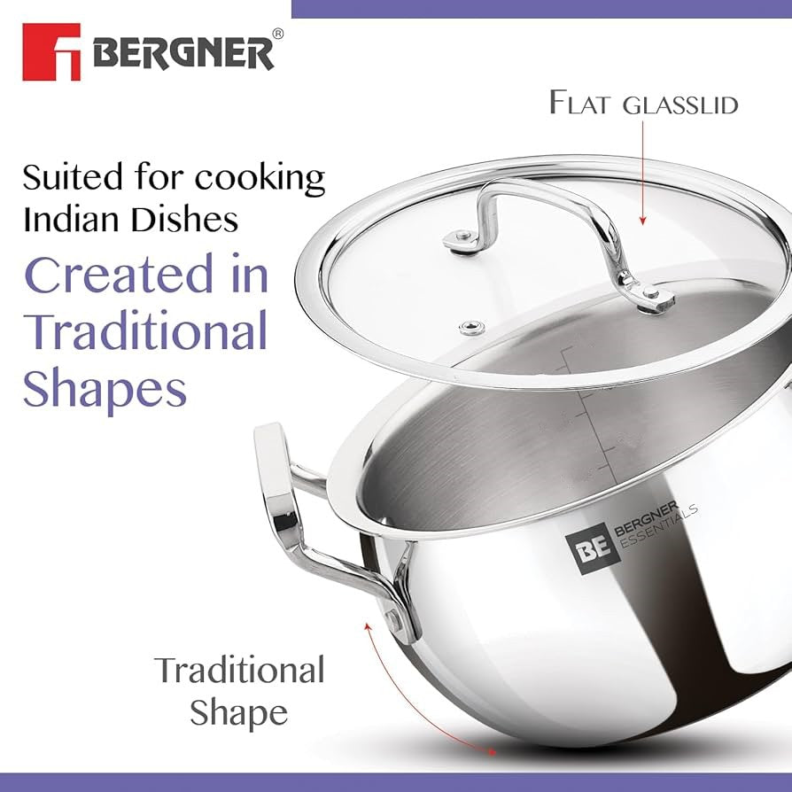 20cm BERGNER ESSENTIALS Tri-Ply Stainless Steel Rice Handi with Glass Lid ALM6522