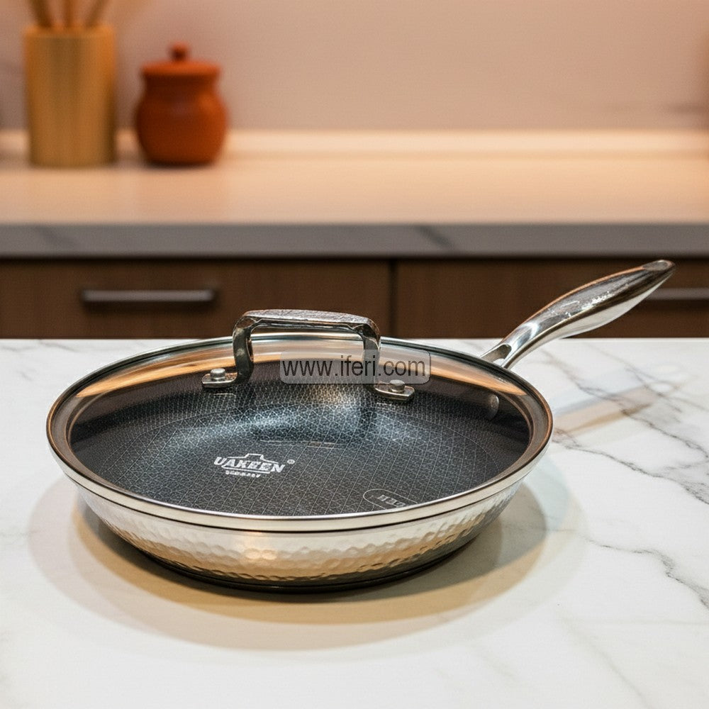 26cm UAKEEN Uncoated Honeycomb Design Hammered Non-Stick Frying Pan with Lid RY3519