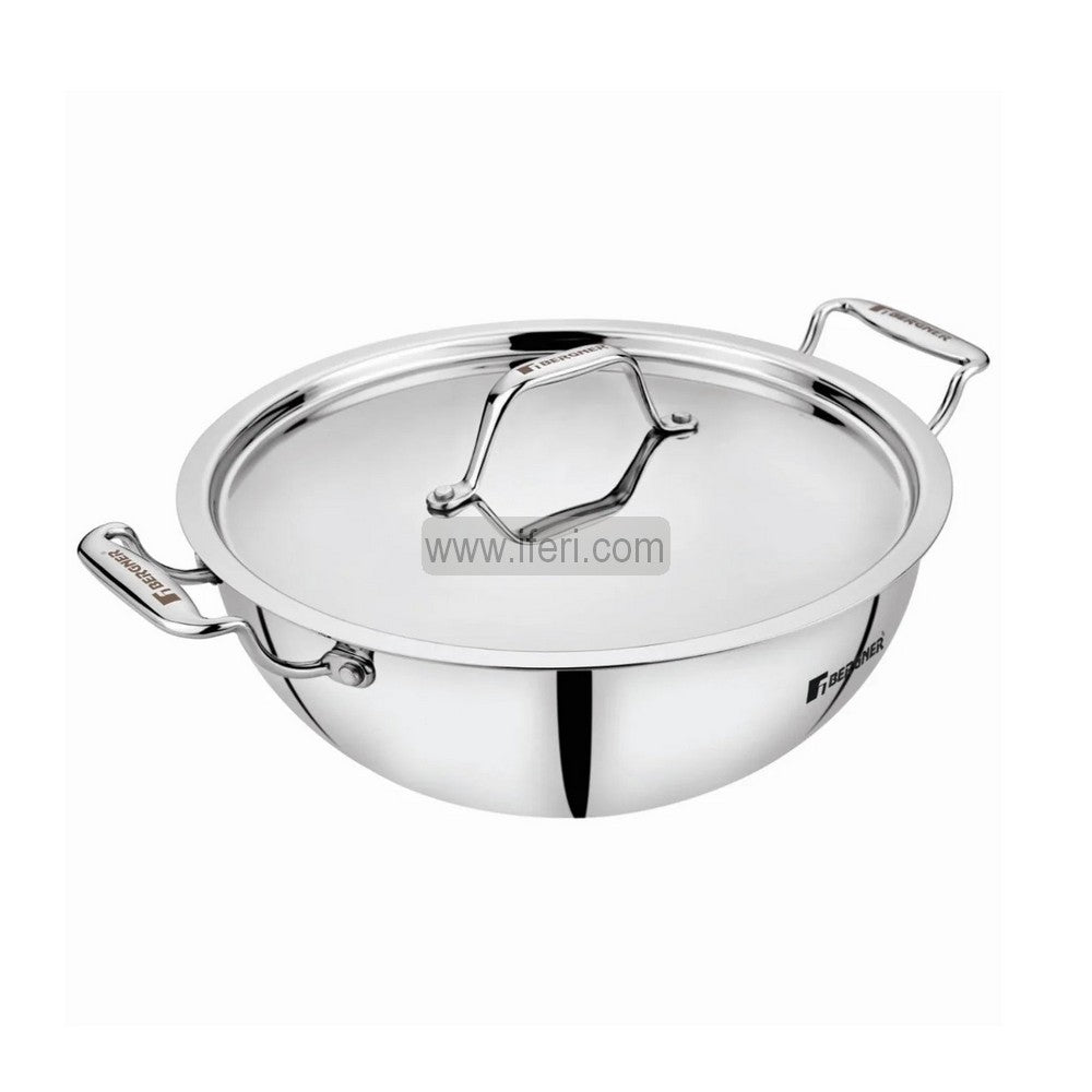 24cm BERGNER ARGENT Tri-Ply Stainless Steel Extra Deep Kadai with Lid ALM6521