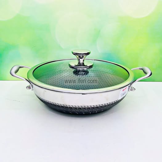 26cm Uncoated Honeycomb Design Stainless Steel Non-Stick Cookware / Deep Karai with Lid RY3144