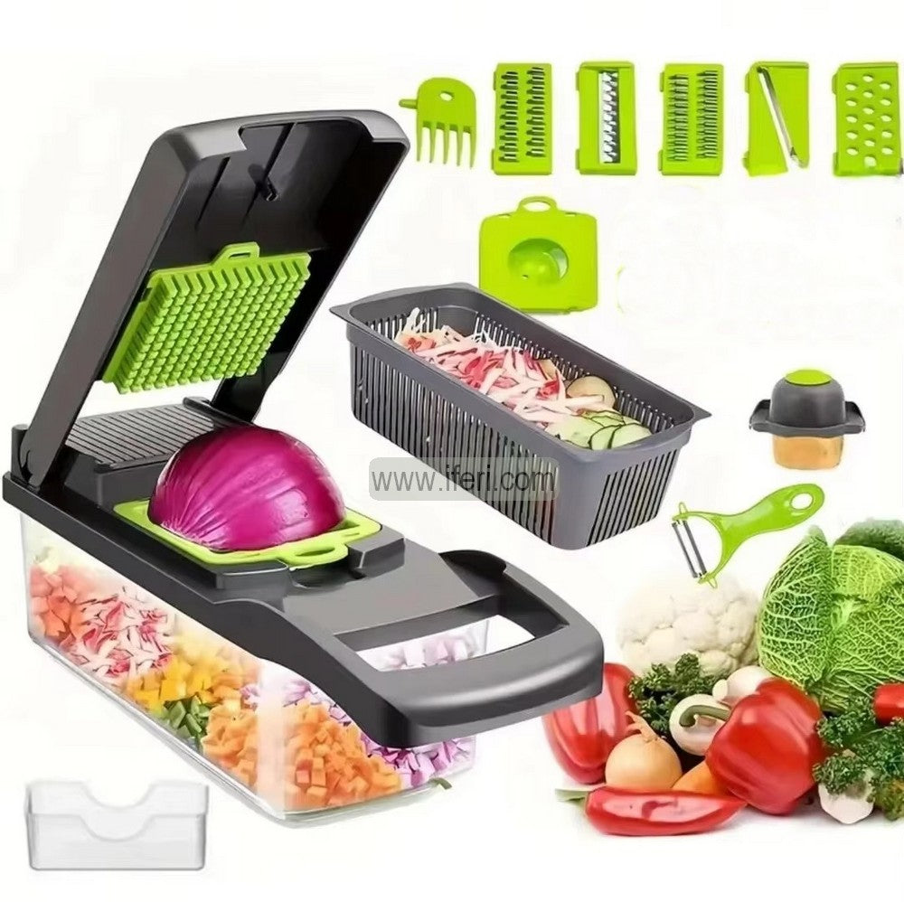 16-in-1 adjustable mandoline vegetable slicer showing multiple blades and hand guard