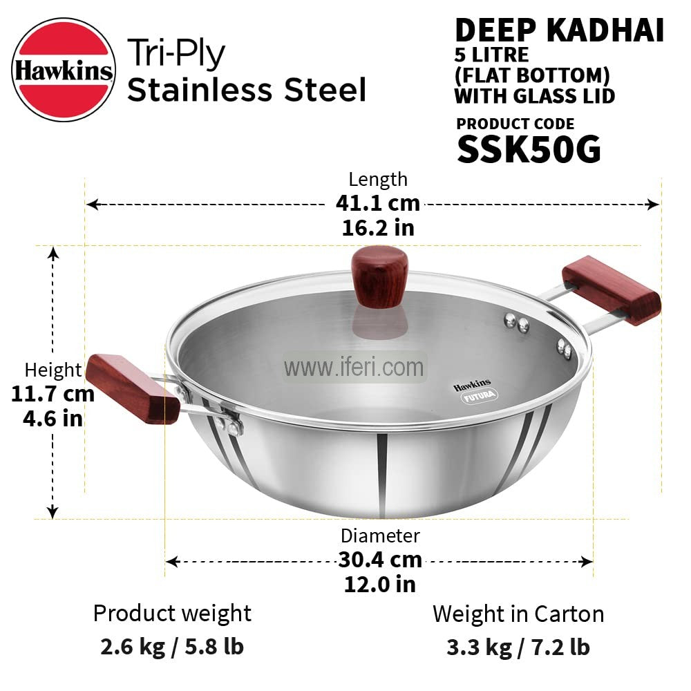5 Liter Hawkins Tri-Ply Stainless Steel Deep Karai / Cookware with Glass Lid ALM6964