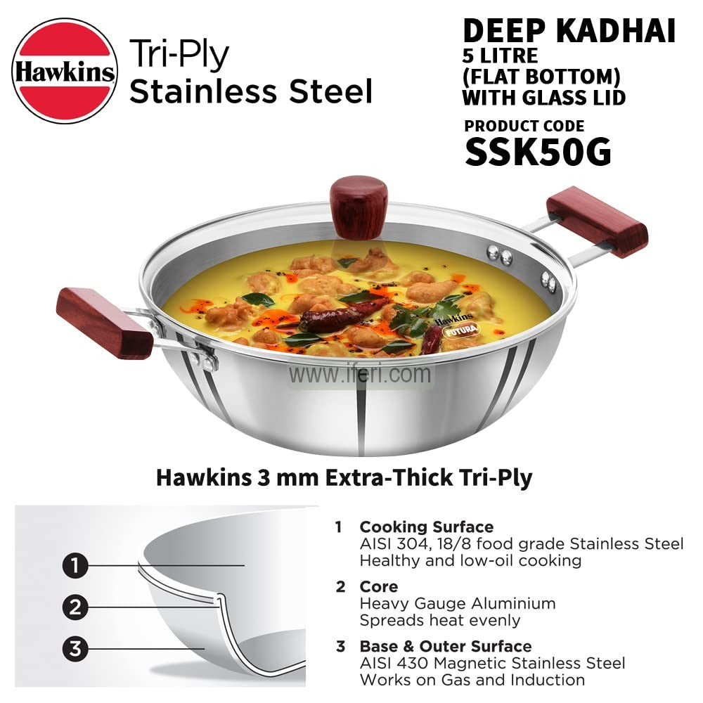 5 Liter Hawkins Tri-Ply Stainless Steel Deep Karai / Cookware with Glass Lid ALM6964