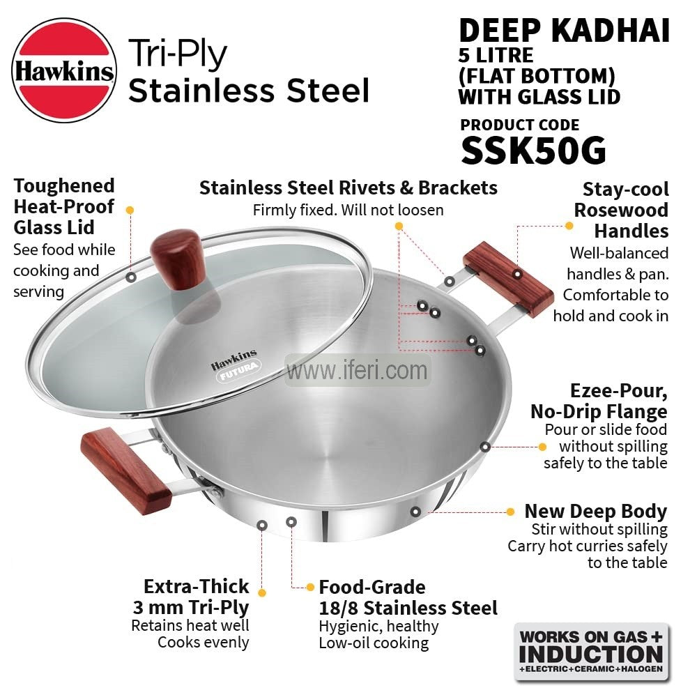 5 Liter Hawkins Tri-Ply Stainless Steel Deep Karai / Cookware with Glass Lid ALM6964