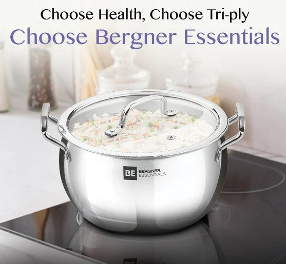 24cm BERGNER ESSENTIALS Tri-Ply Stainless Steel Rice Handi with Glass Lid ALM6523