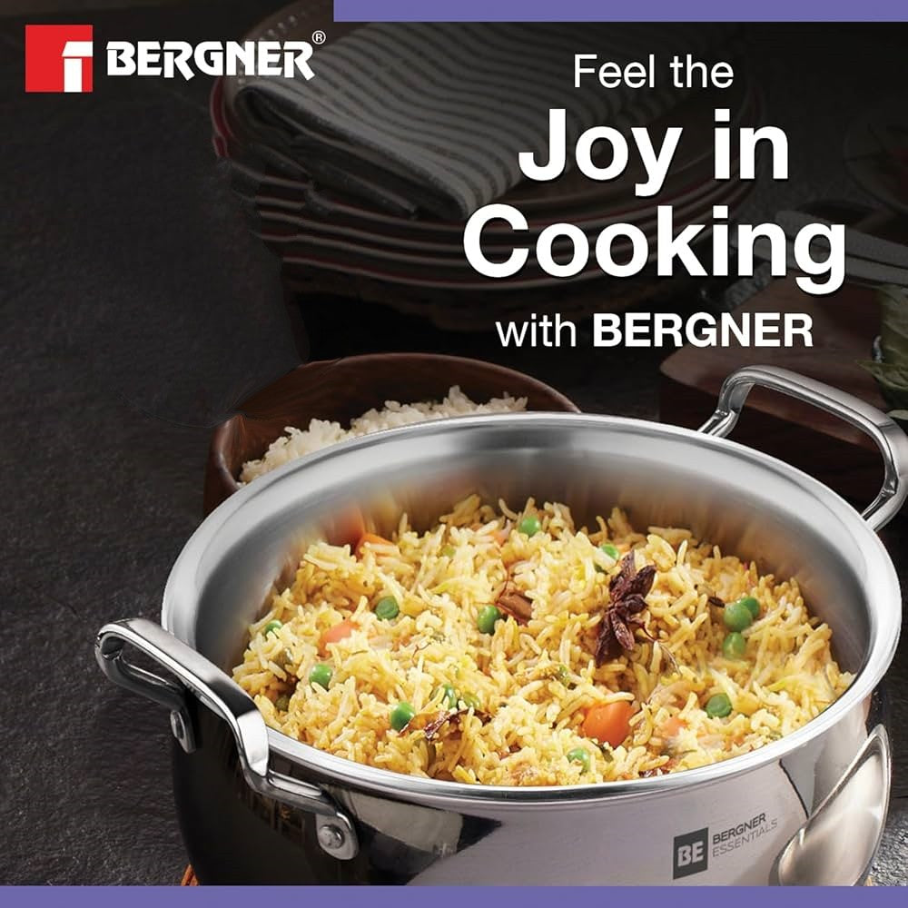 24cm BERGNER ESSENTIALS Tri-Ply Stainless Steel Rice Handi with Glass Lid ALM6523