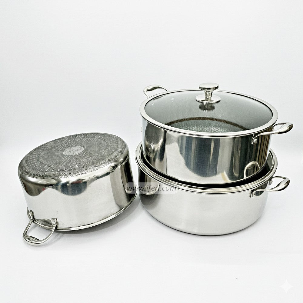 3 Pcs Disnie High Quality Stainless Steel Honeycomb Cookware / Saucepan with Lid BCG3606