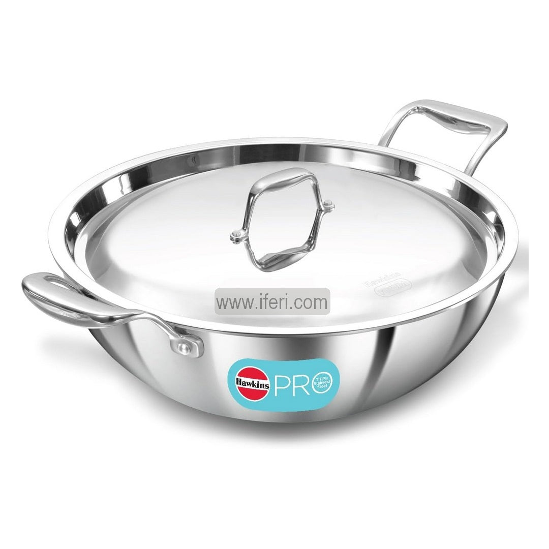 6 Liter Hawkins Pro Tri-Ply Stainless Steel Deep Karai / Cookware with Stainless Steel Lid ALM6505