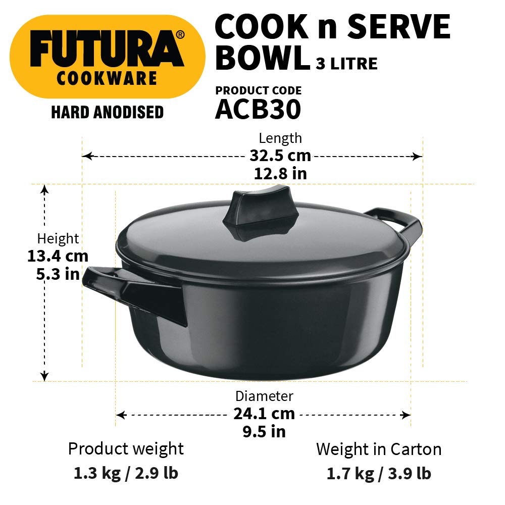 3 Liter Futura Hard Anodised Cook n Serve Saucepan, Coowkare with Hard Anodised Lid SRC002